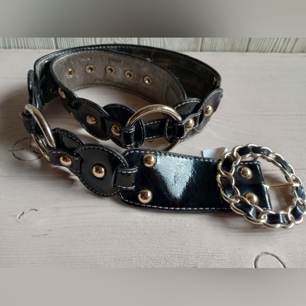 Kathy Van Zeeland Women’s Wide Belt Sz M/32 Black Segmented Faux Leather Studs